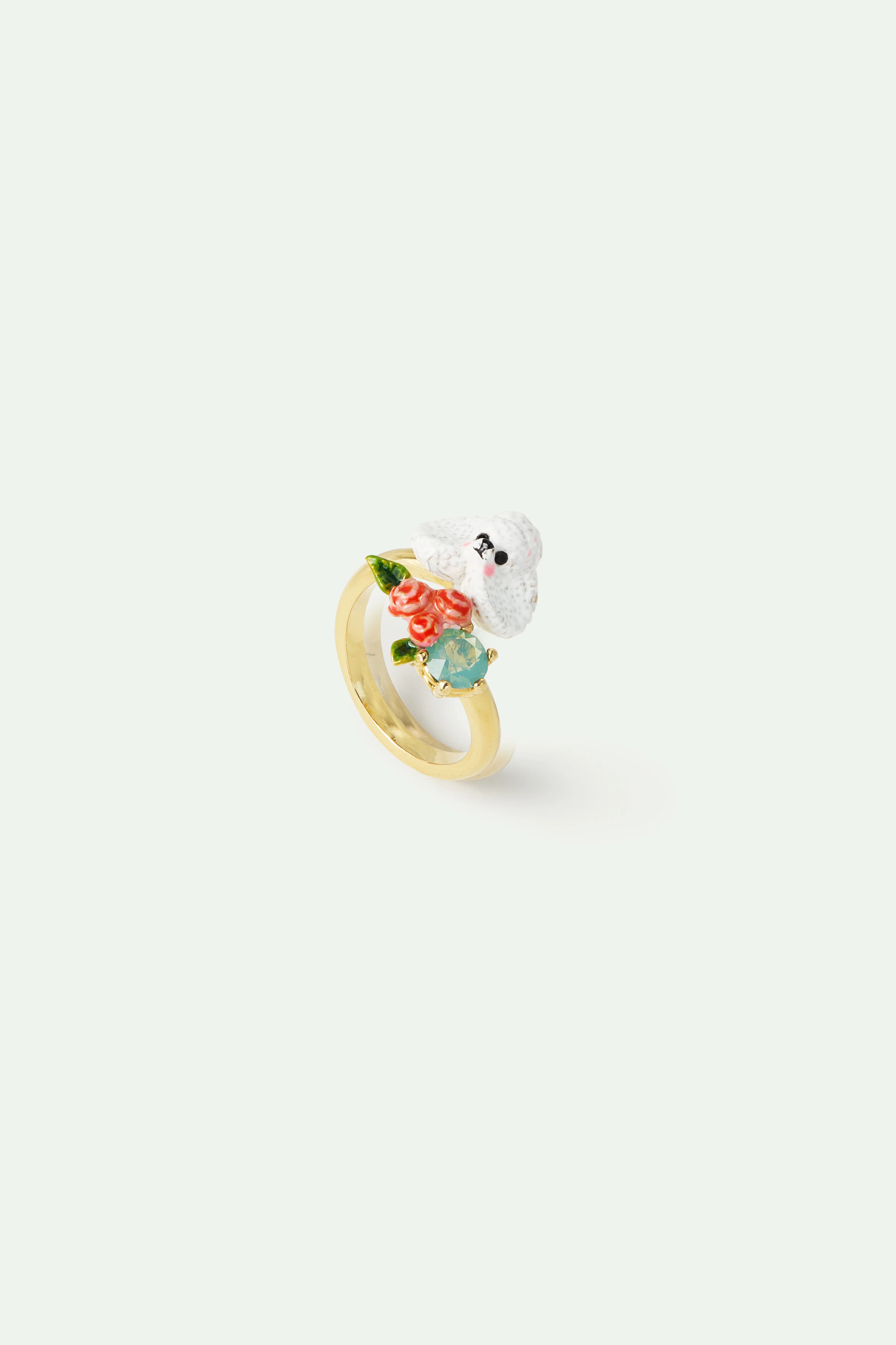 Bague ajustable caniche, fleurs roses et pierre bleue