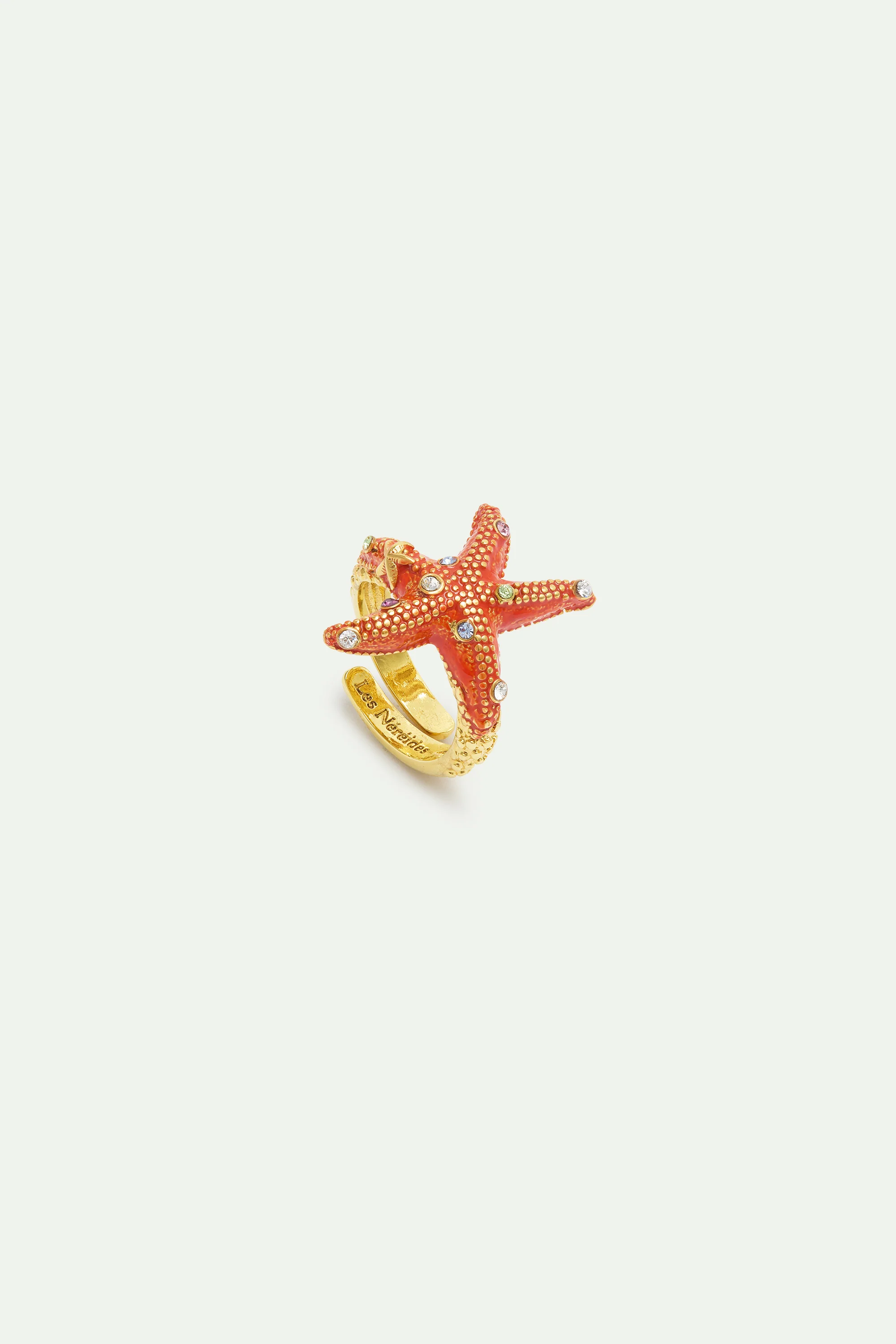 Bague ajustable étoile de mer orange et cristaux multicolores