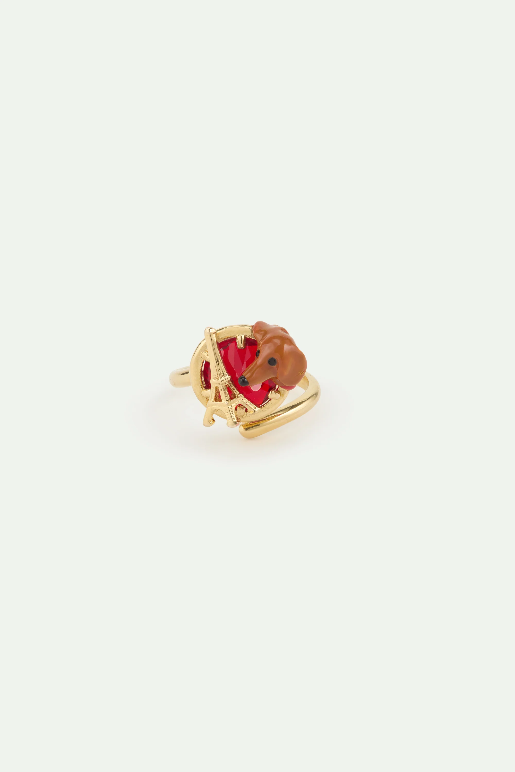 Bague ajustable teckel, tour Eiffel, pierre ronde rouge - Image 2