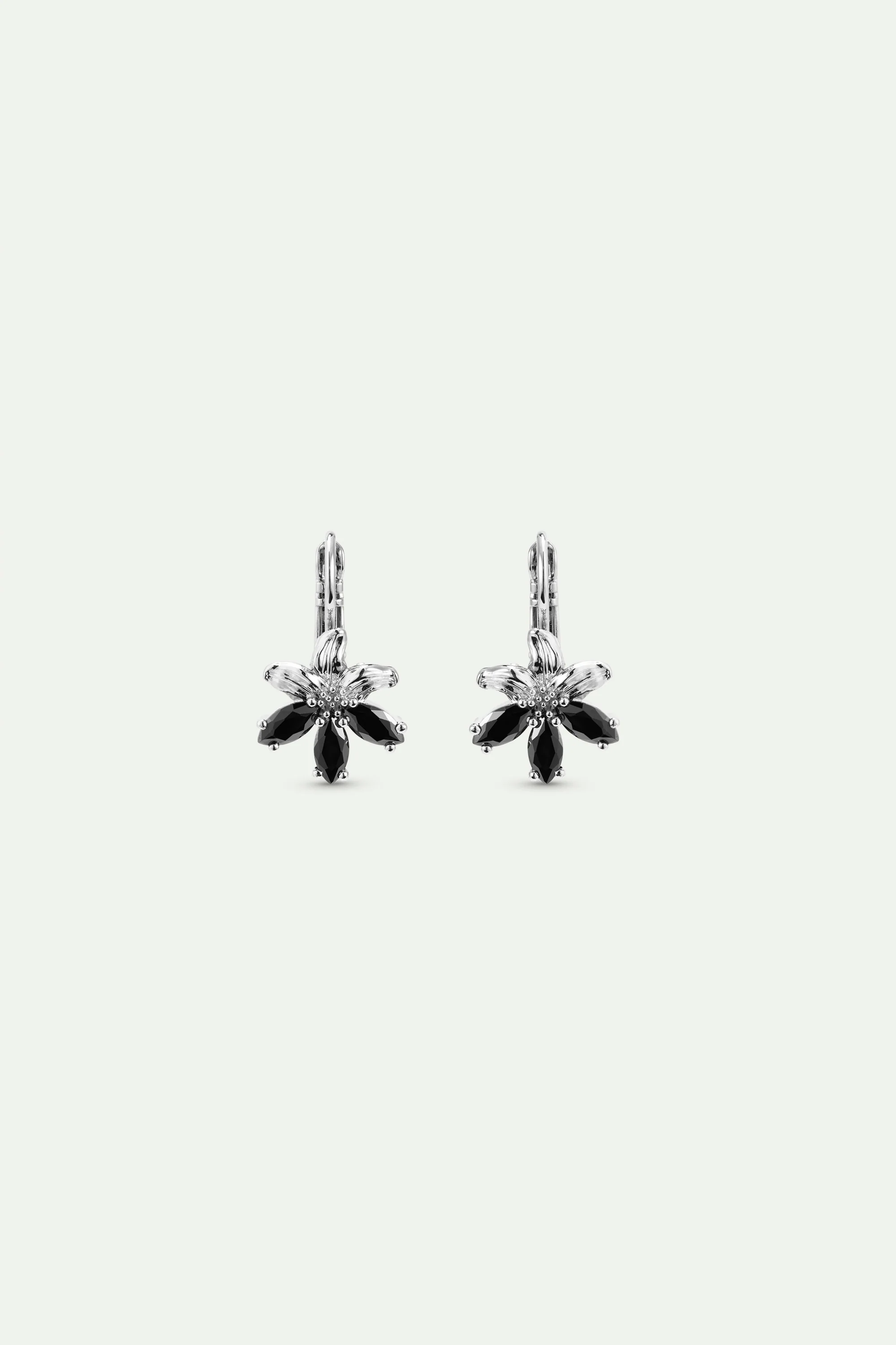 Boucles d'oreilles dormeuses argentées lys et pierres noires