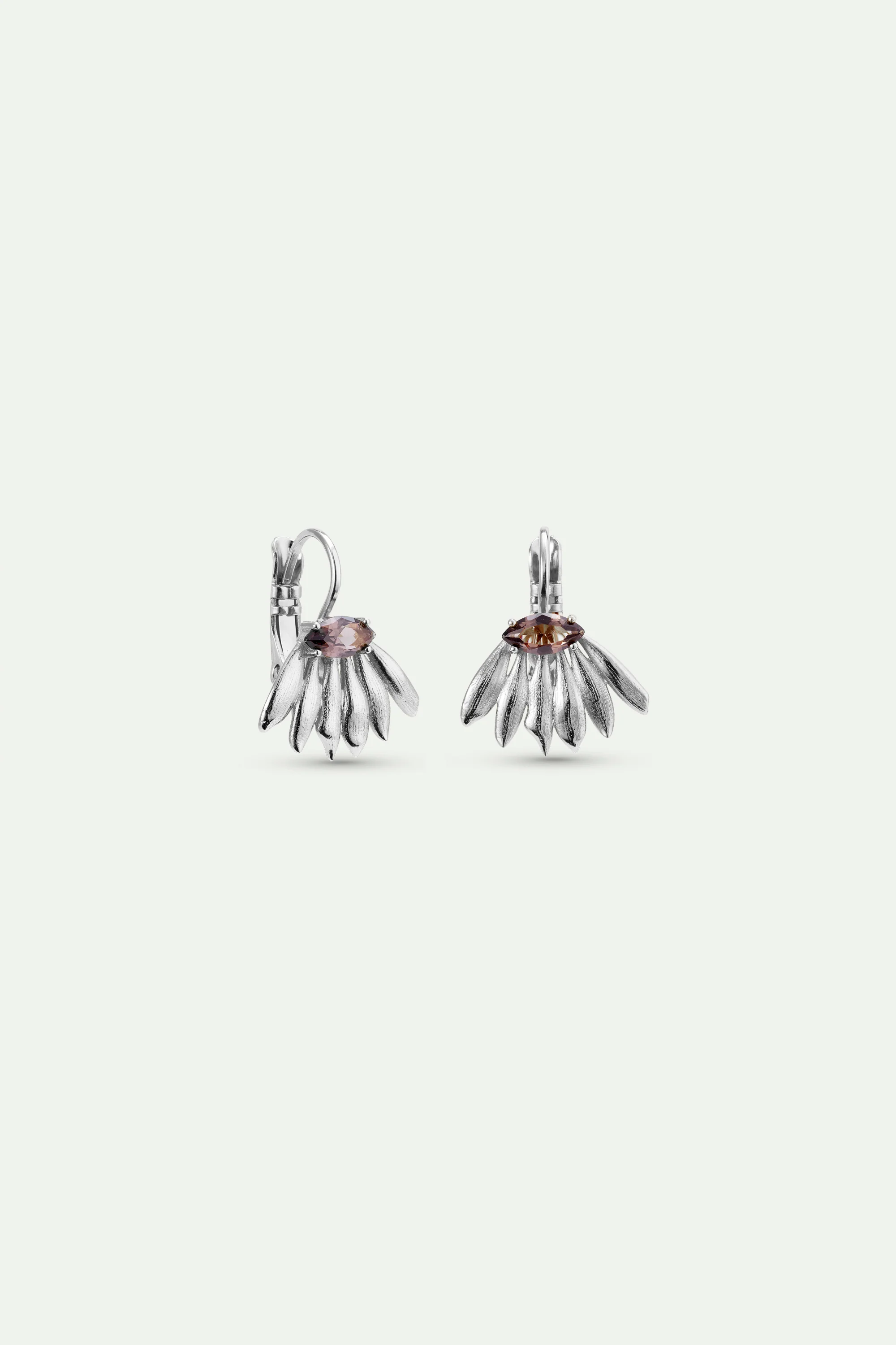 Boucles d'oreilles dormeuses argentées tournesol et pierre violette - Image 2