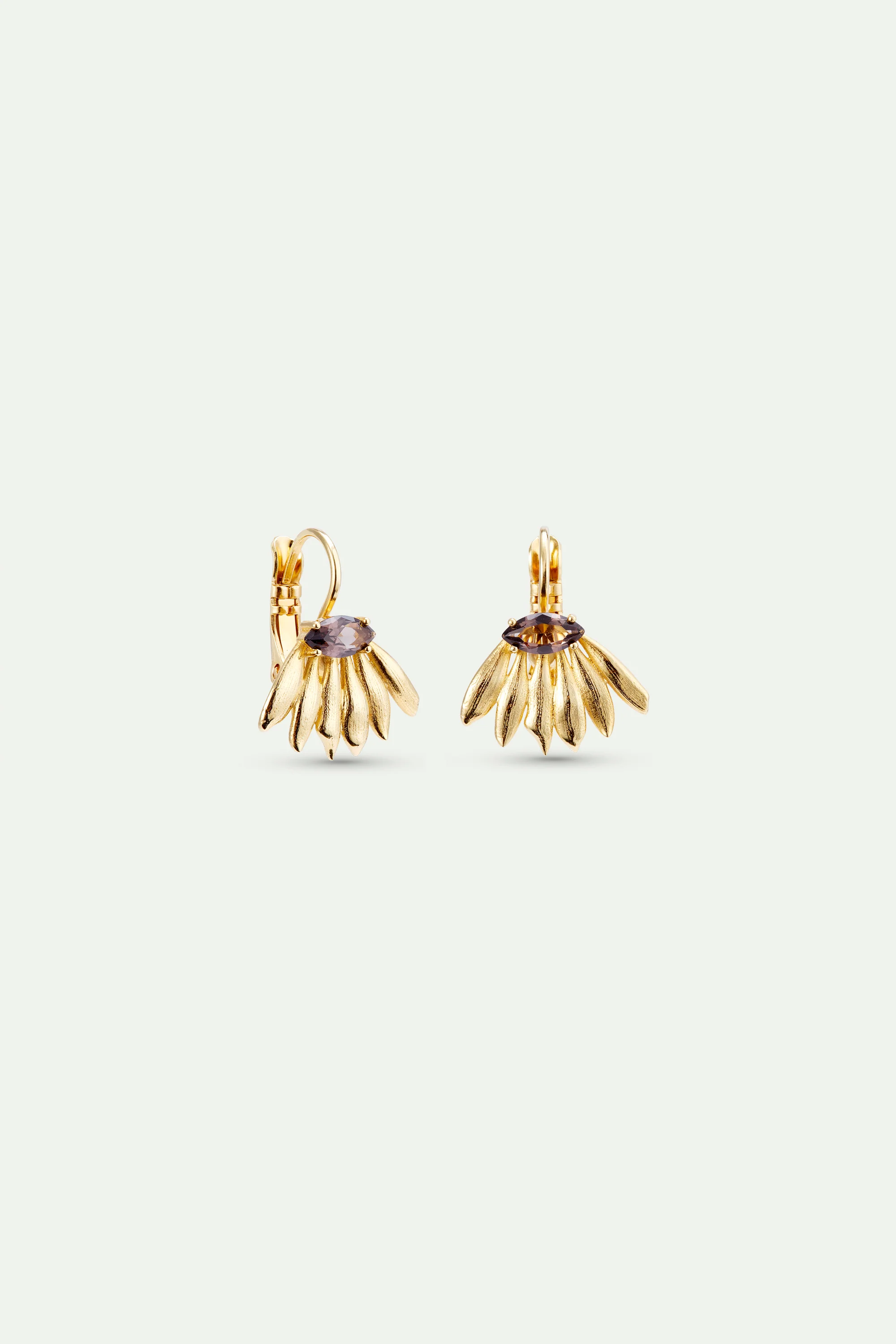 Boucles d'oreilles dormeuses dorées tournesol et pierre violette - Image 2