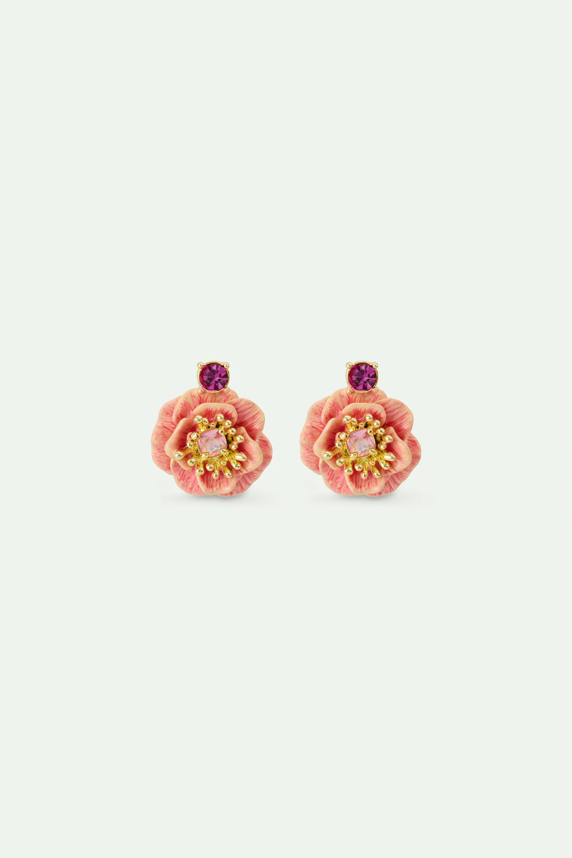 Boucles d'oreilles tiges anémone rose et cristal